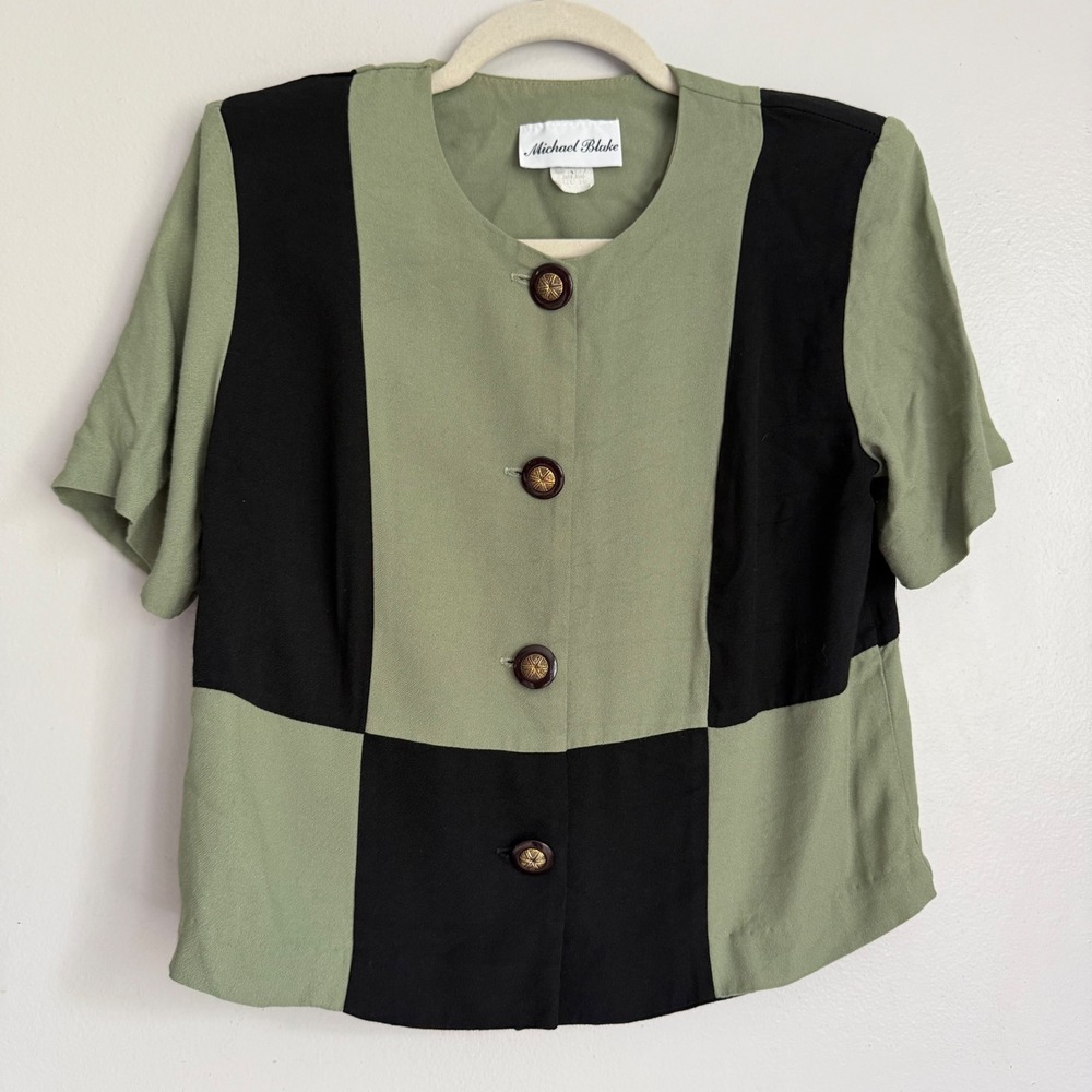 Vintage Michael Blake Colorblock Button Up Blouse Green Womens Size 10‎